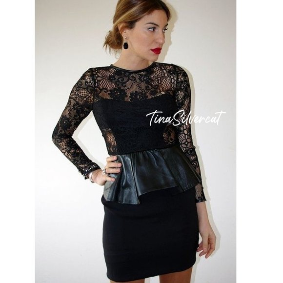 BLOGGER'S FAVE! Zara Celebrity Faux Leather Peplum Lace Dress Black NWT - Picture 9 of 16